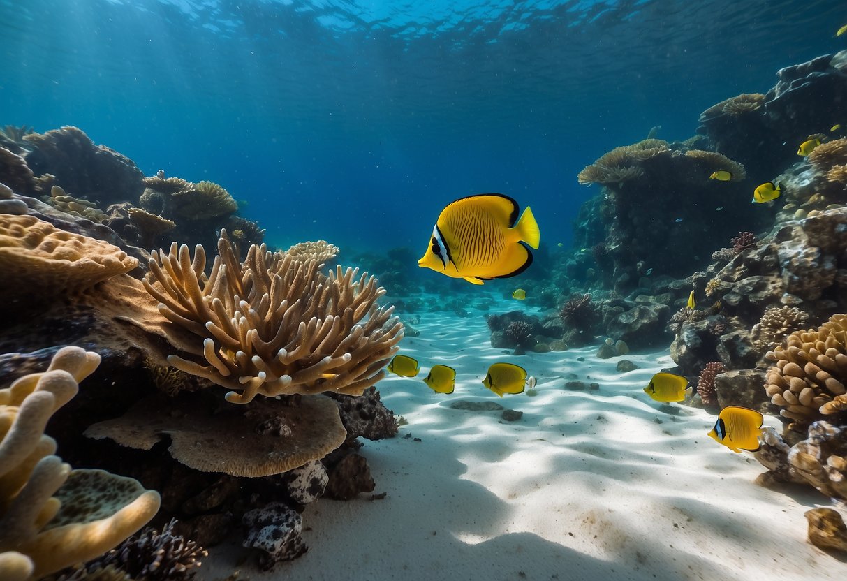 Crystal clear water with colorful coral reefs and schools of fish. A pair of Phantom Aquatics snorkeling fins resting on the white sandy ocean floor