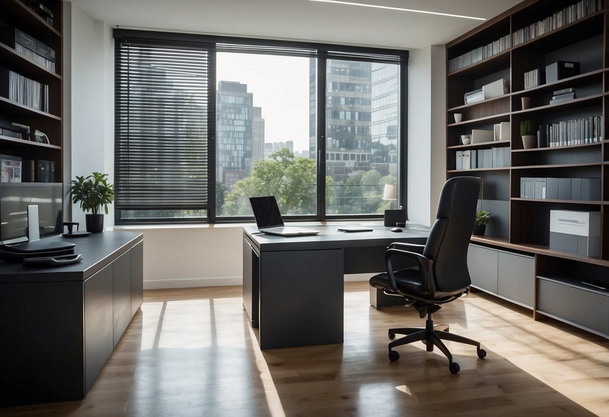 A modern office with a sleek desk, ergonomic chair, and minimalist shelving. A large window allows natural light to fill the space
