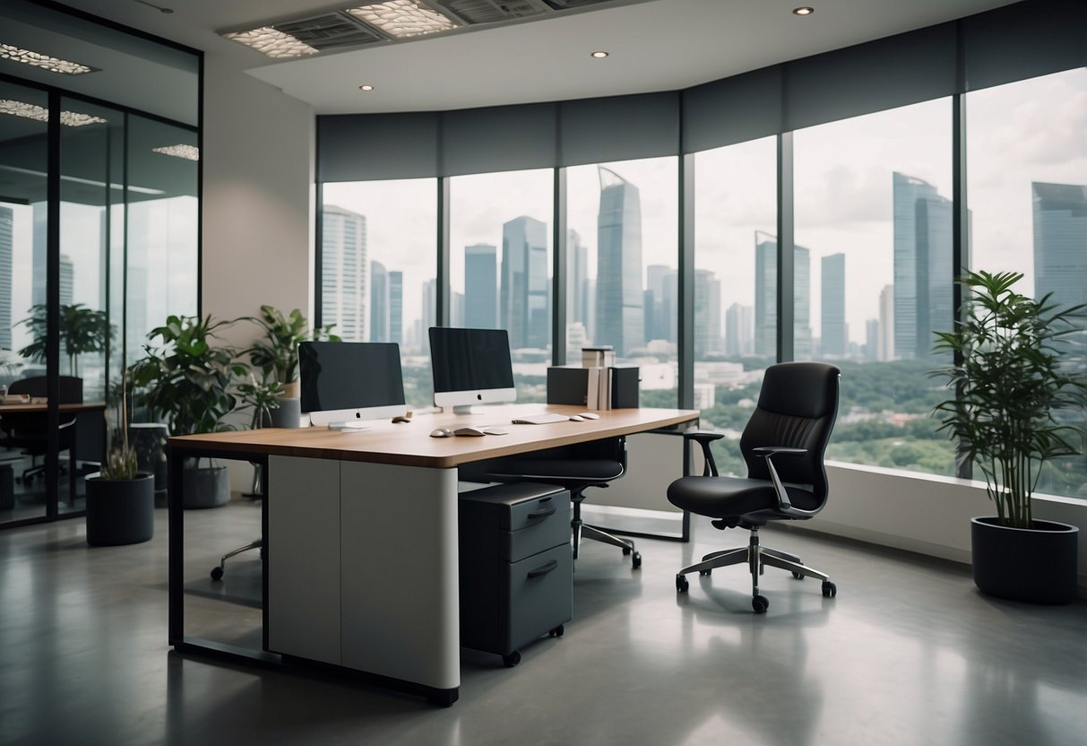 A modern office with sleek, ergonomic furniture displayed by knowledgeable suppliers in Singapore