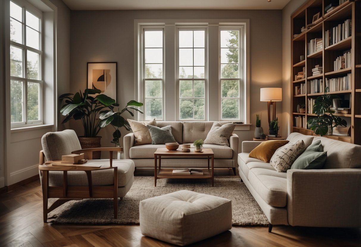 A cozy living room with a modern sofa, coffee table, and bookshelf. A customer reading a "Frequently Asked Questions" pamphlet about Origin Home furniture