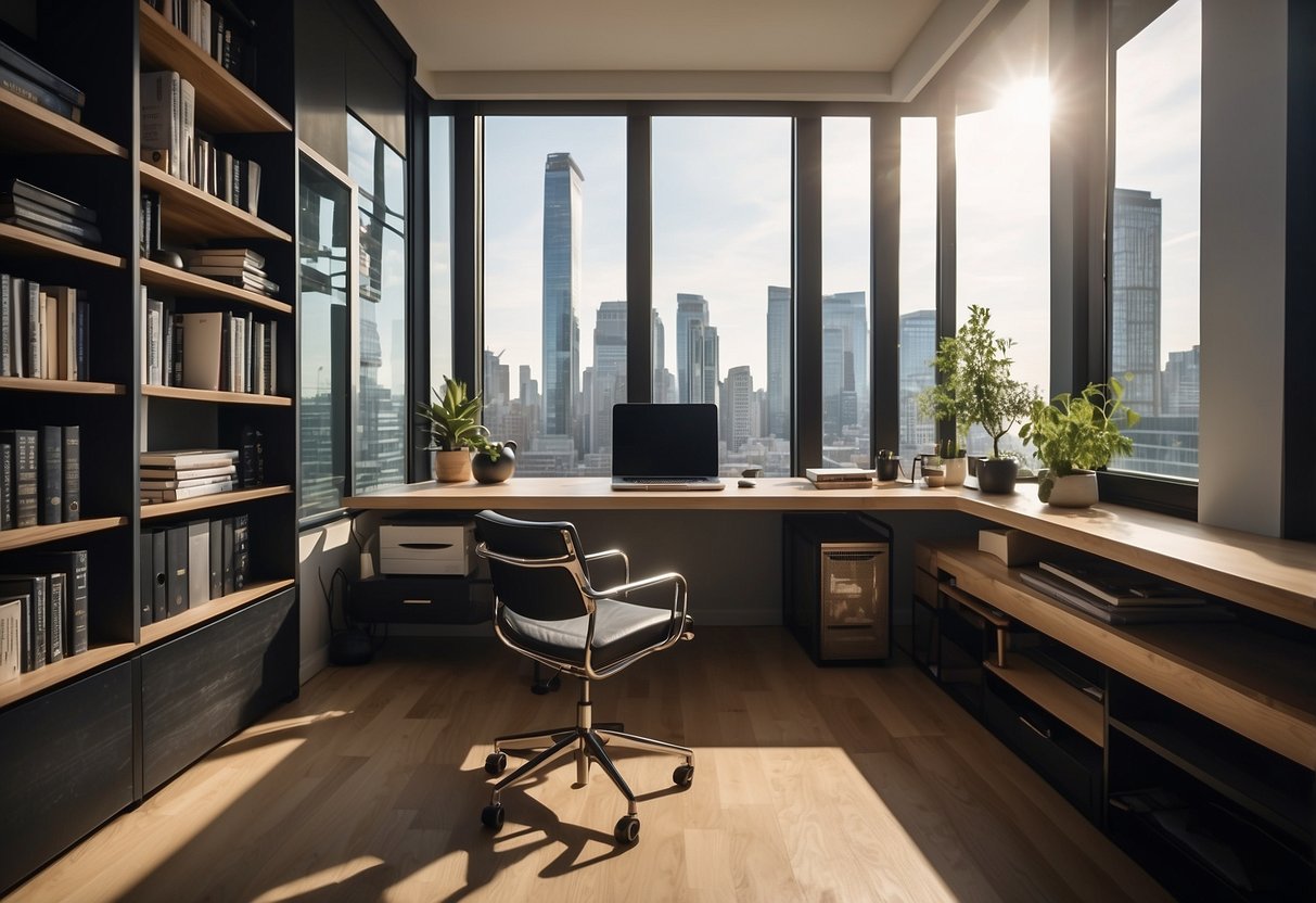 A modern home office with a sleek desk, ergonomic chair, bookshelves, and a large window for natural light