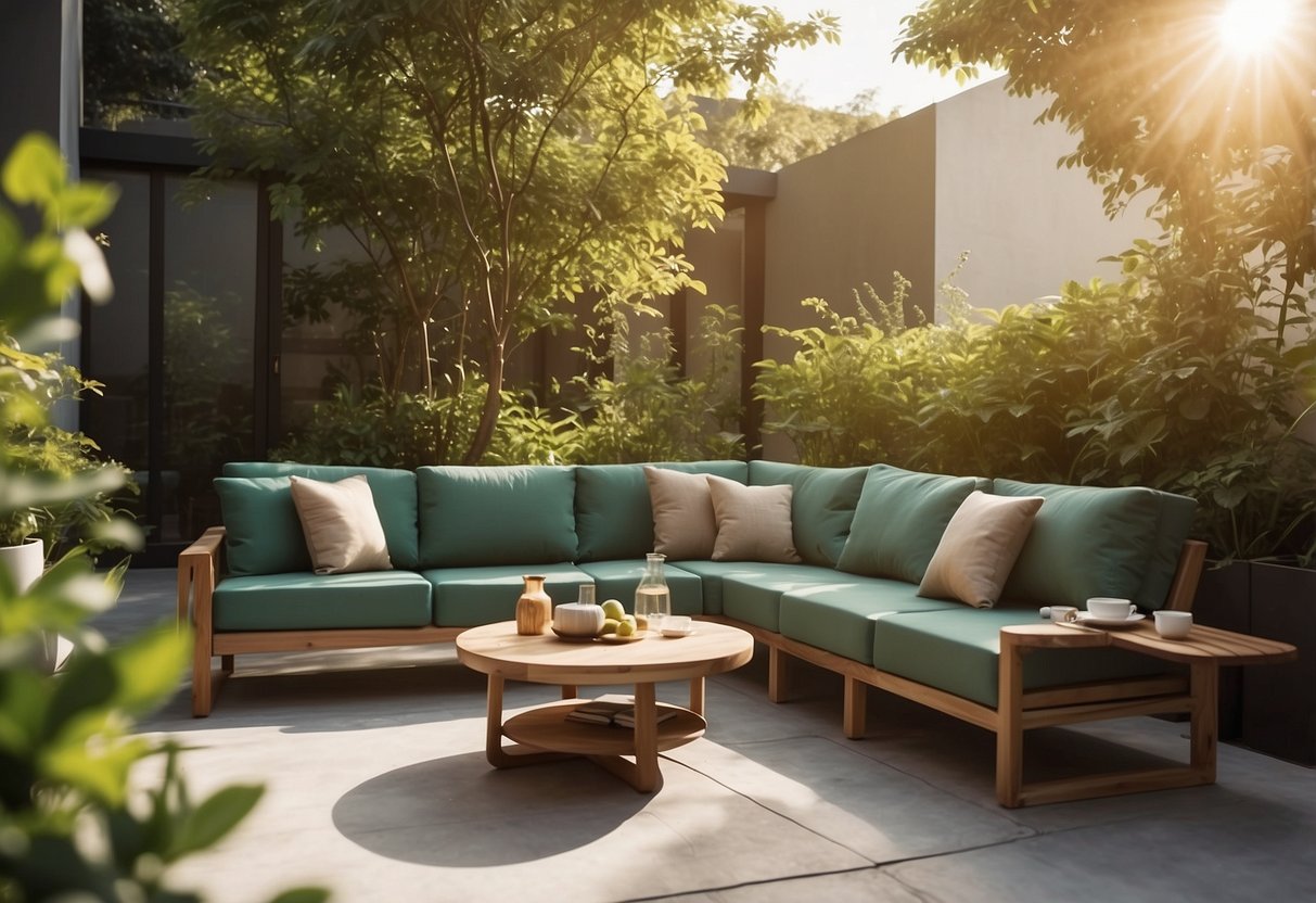 A modern outdoor patio set with sleek lines and comfortable cushions, surrounded by lush greenery and warm sunlight