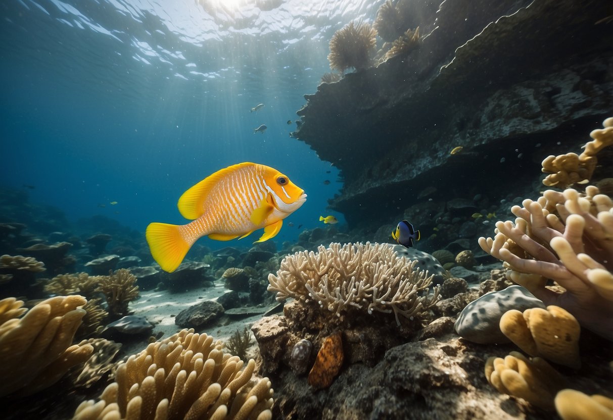 Colorful fish swim around a coral reef. A sunken ship and treasure chest lie below. A sea turtle glides by. Seaweed and rocks provide hiding spots for marine life