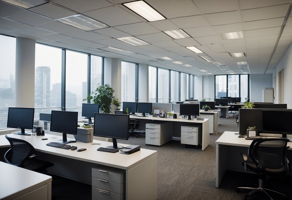A modern office space with sleek, ergonomic furniture and a clean, organized layout. The room is filled with various desks, chairs, and storage units, creating a professional and efficient work environment