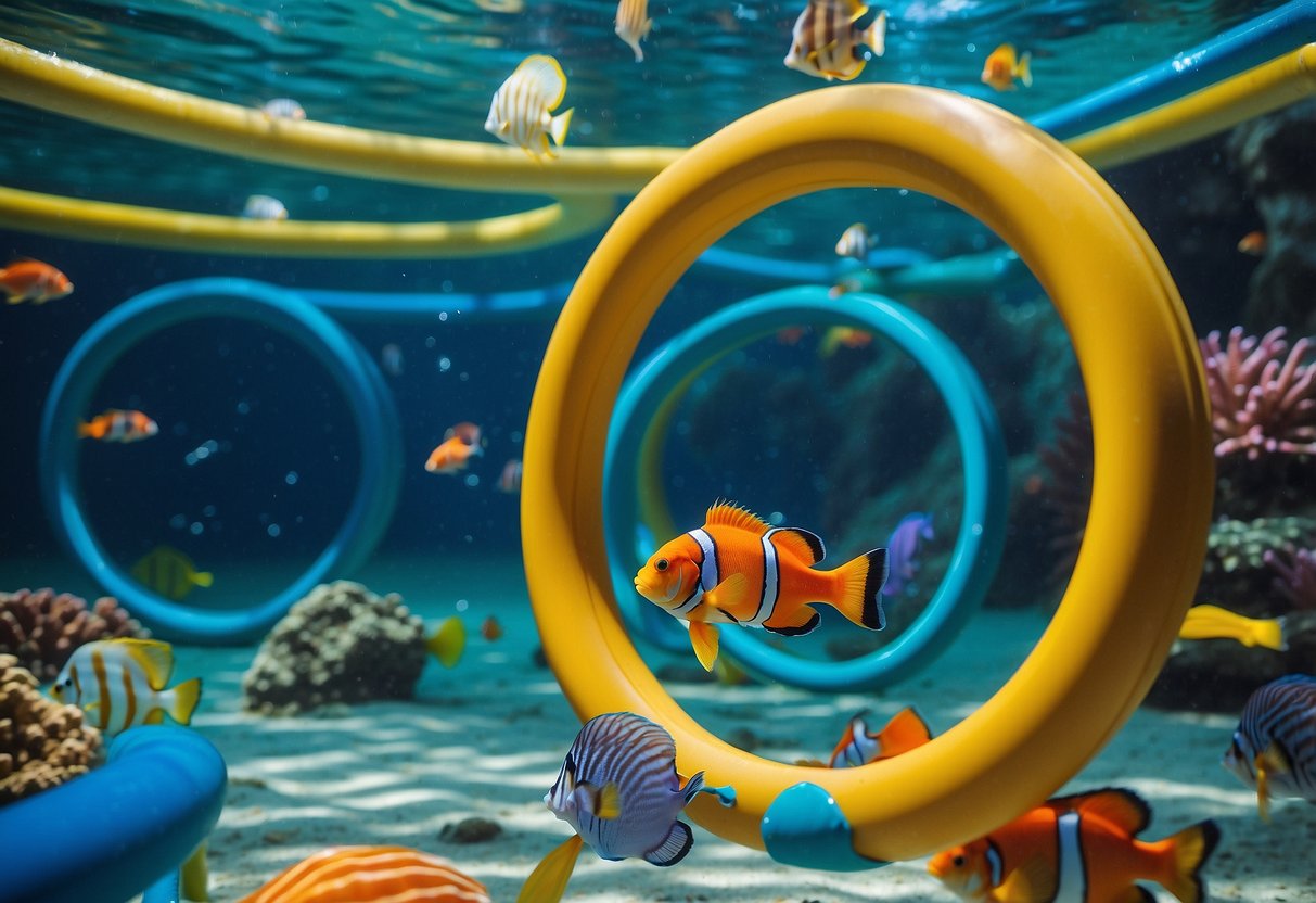 A colorful underwater obstacle course with hoops, tunnels, and rings. Bright fish and sea creatures swim around the challenges