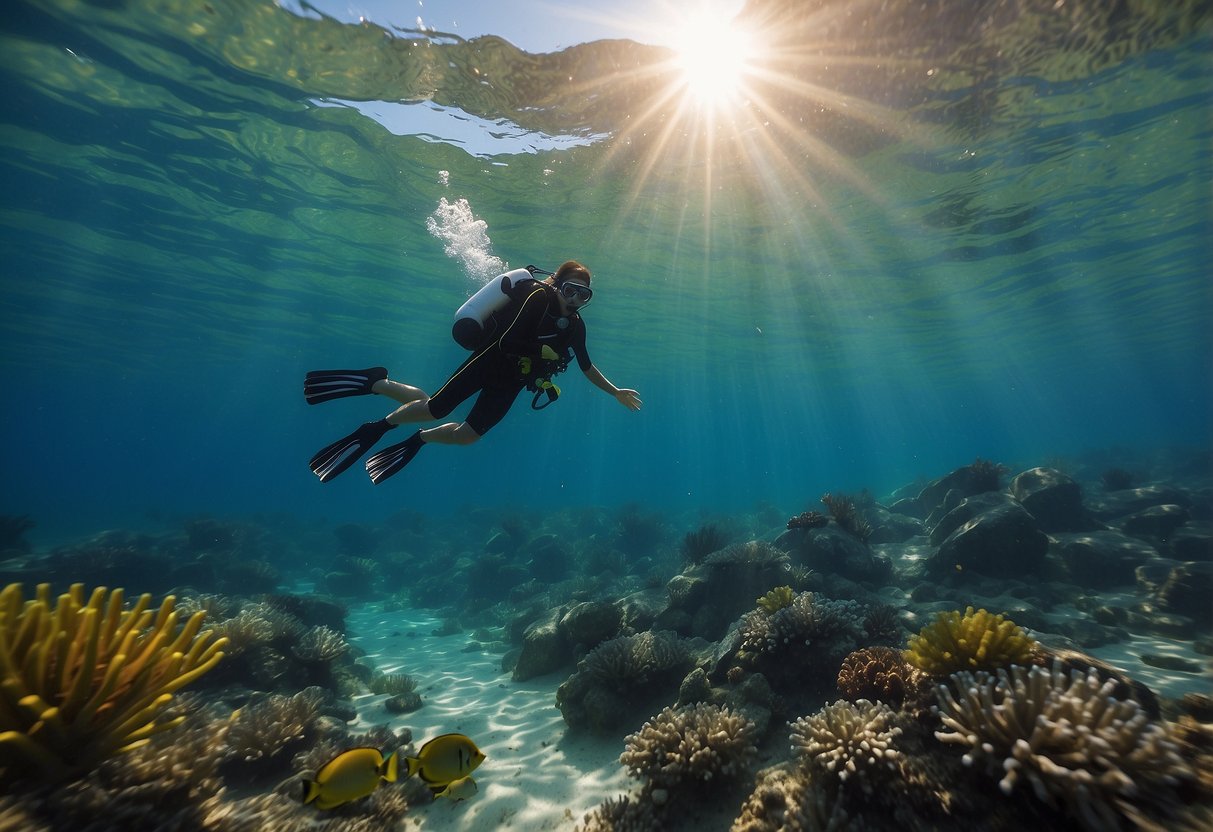 A snorkeler swiftly dives to retrieve objects from the ocean floor in a timed challenge. The underwater scene is filled with colorful marine life and clear, sparkling water