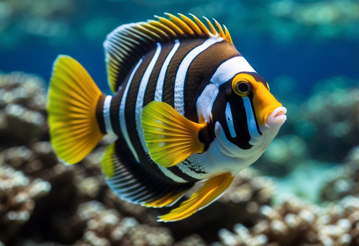 Colorful fish swimming around coral reefs in crystal-clear water, with snorkeling gear and various underwater obstacles