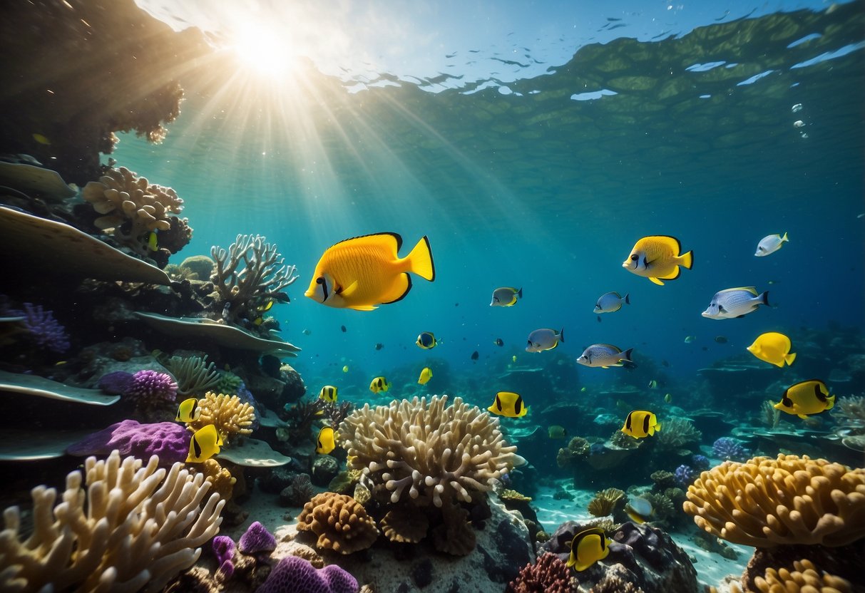 Vibrant coral reef with colorful fish, sea turtles, and seahorses. Sunlight filters through crystal-clear water, creating a mesmerizing underwater world