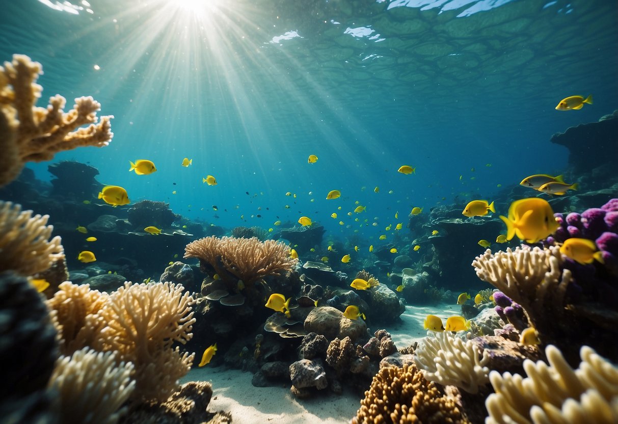 Colorful coral formations, swaying sea plants, and schools of tropical fish create an underwater playground. Sunlight filters through the clear water, illuminating the vibrant marine life