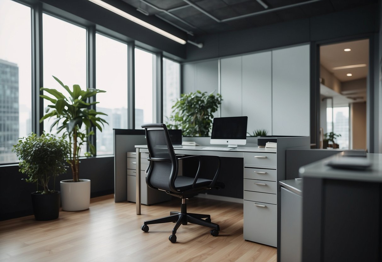The office is equipped with modern technology and organized with sleek furniture