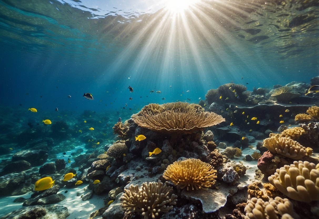 A colorful coral reef teeming with marine life, including fish, turtles, and sea anemones. Sunlight filters through the clear blue water, creating a vibrant and lively underwater scene for snorkeling challenges