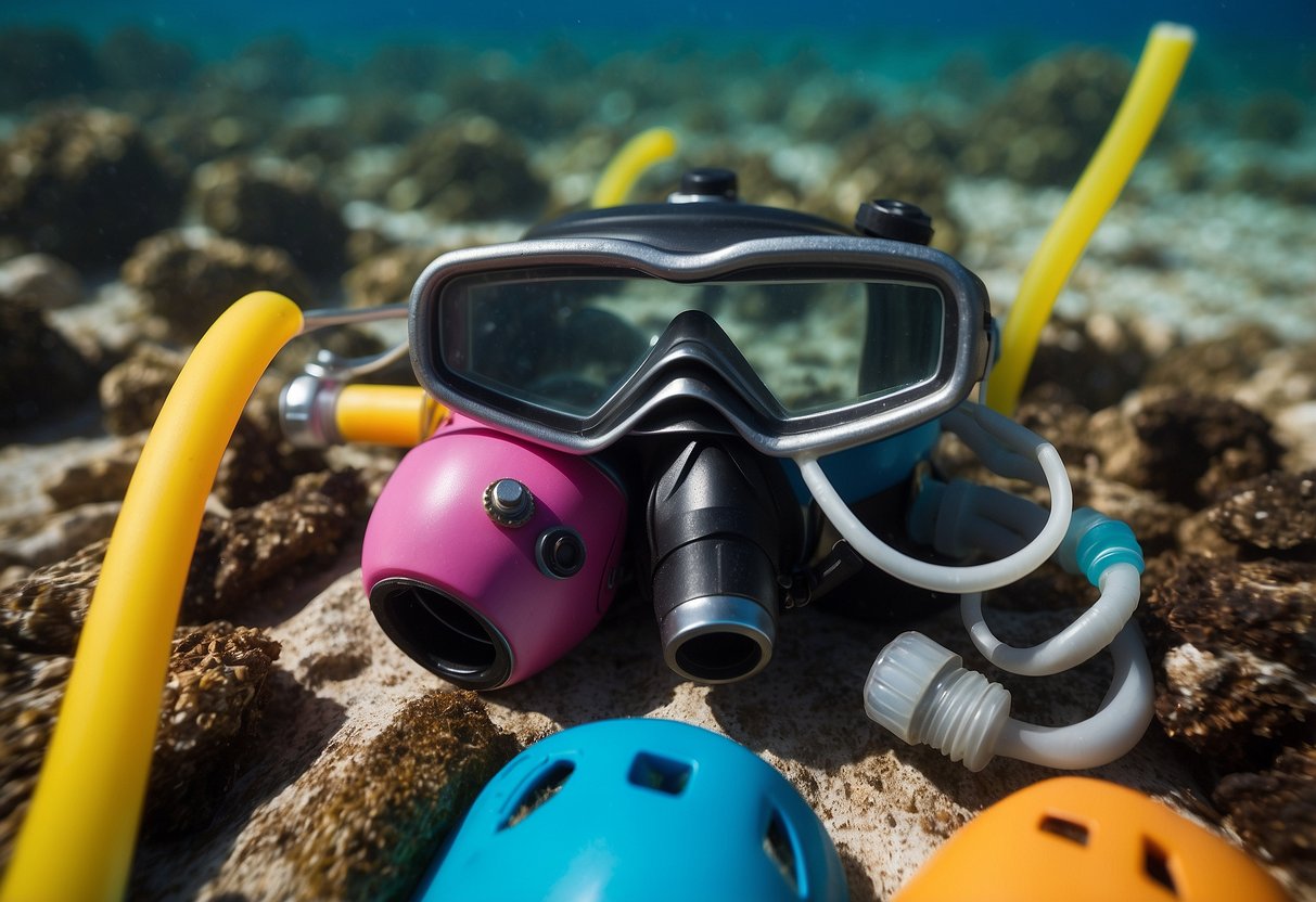 Colorful snorkeling gear scattered on ocean floor, with timer ticking down. Various challenges marked by underwater signs