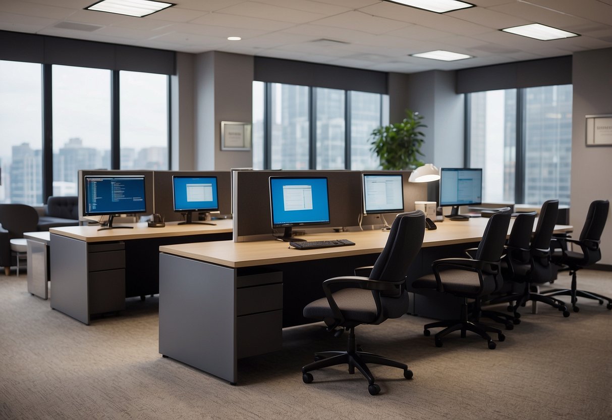 A modern office with sleek desks, ergonomic chairs, and shelves filled with neatly organized files and office supplies. A large bulletin board displays company policies and FAQs