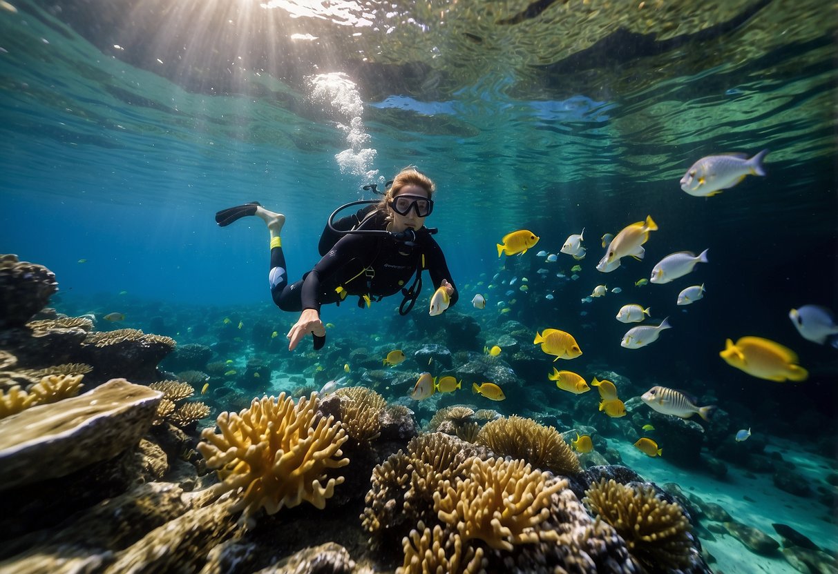 Crystal clear water, colorful coral reefs, and a variety of marine life. A snorkeler exploring underwater caves and navigating through schools of fish