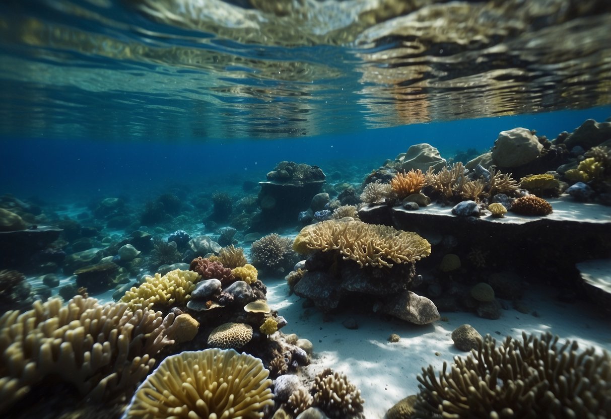 Crystal-clear waters teeming with colorful marine life, coral reefs stretching out in all directions, and a variety of snorkeling challenges scattered throughout the scene