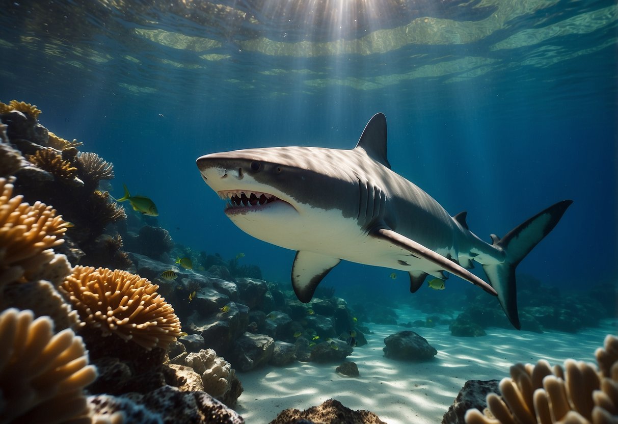 Crystal-clear water, vibrant coral, and a school of colorful fish. A shadowy figure of a shark lurking in the distance. Sunlight filtering through the water, creating a serene and beautiful underwater scene