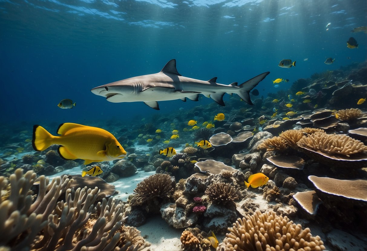 Crystal clear water, colorful coral, and a school of fish swimming peacefully. A shark deterrent device is visible on the ocean floor