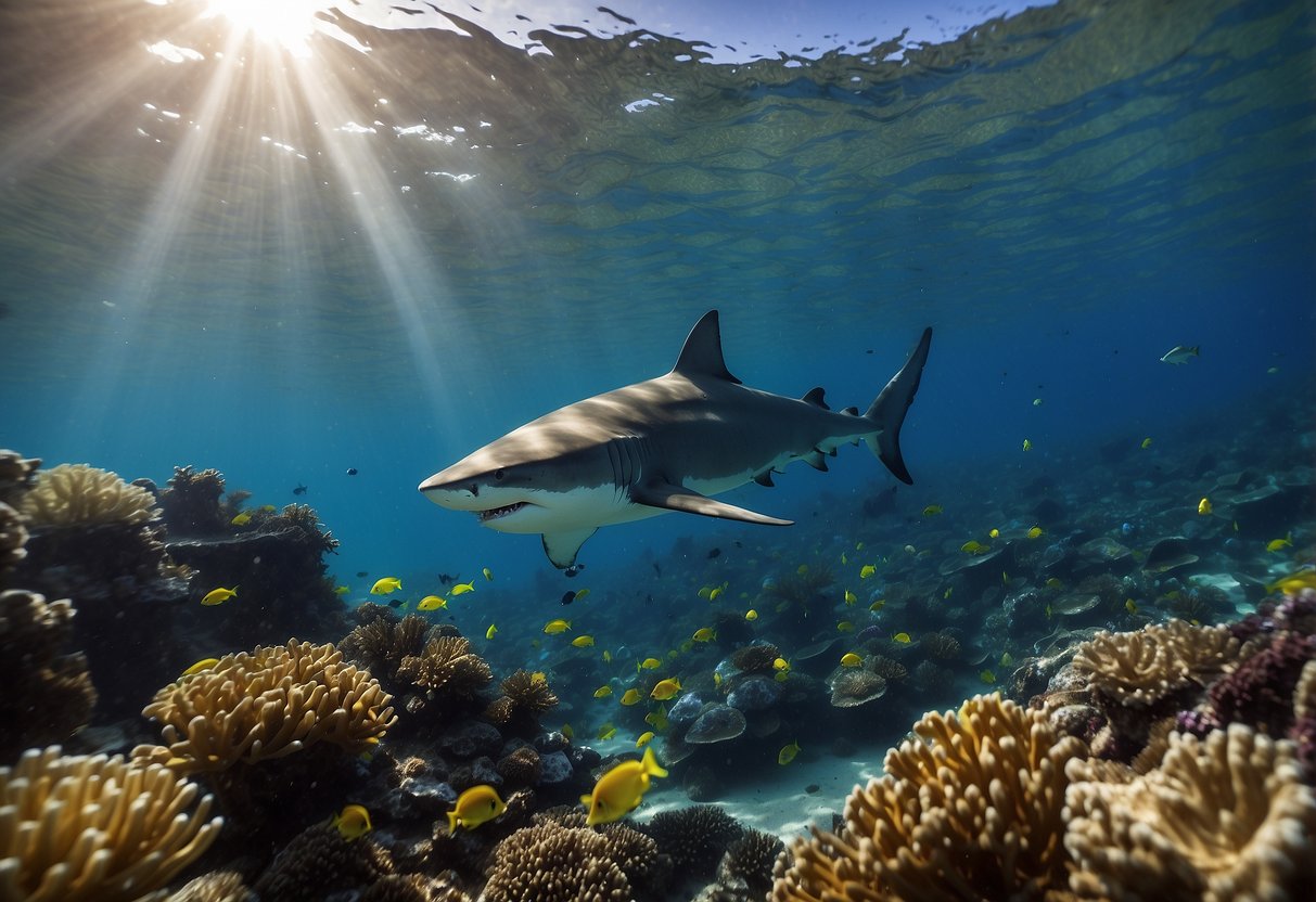 A snorkeler wearing a Shark Shield device glides through clear, shark-infested waters, surrounded by colorful coral and diverse marine life