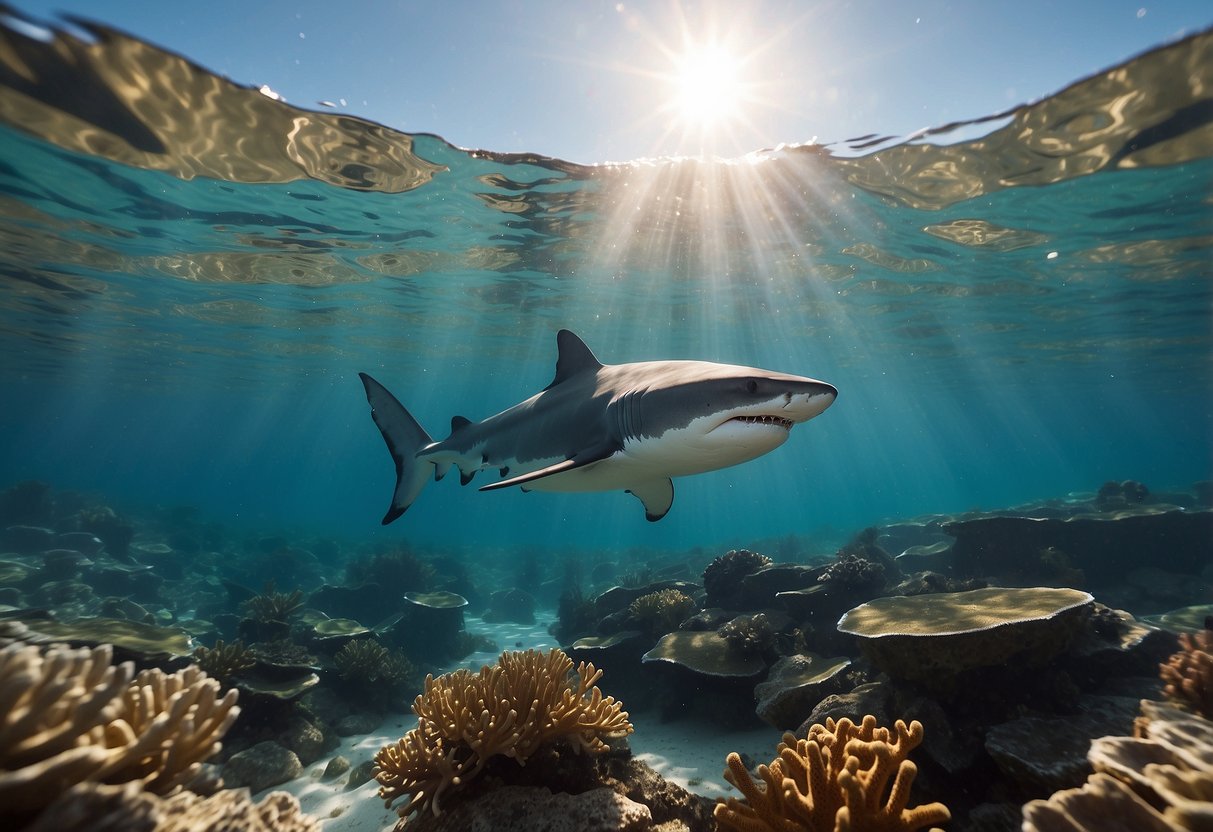 Crystal clear water, colorful coral, and a lone shark swimming gracefully in the distance. Sunlight filters through the waves, creating a serene and peaceful underwater scene