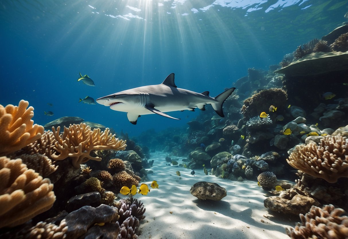 Crystal-clear ocean water with colorful coral reefs below. A lone shark glides gracefully in the distance, surrounded by smaller fish. Sunlight filters through the water, creating a tranquil and serene underwater scene