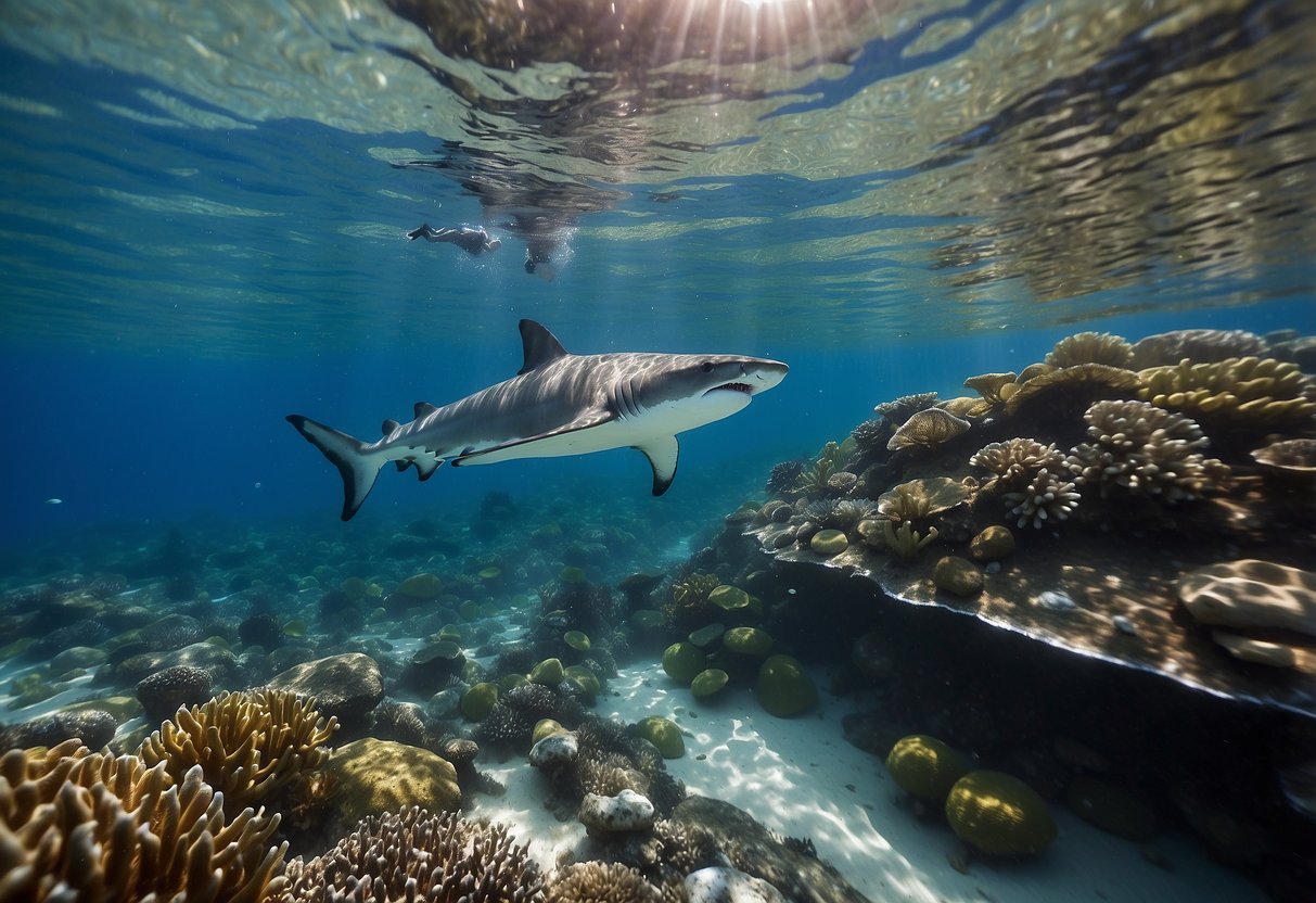 Crystal clear waters, colorful coral, and a lone shark swimming in the distance. A snorkeler follows the safety tips, keeping a safe distance from the majestic predator