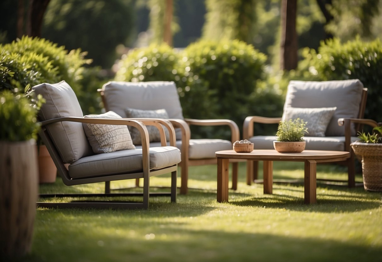 A variety of outdoor furniture pieces are displayed in a spacious clearance area, surrounded by lush greenery and bathed in warm sunlight
