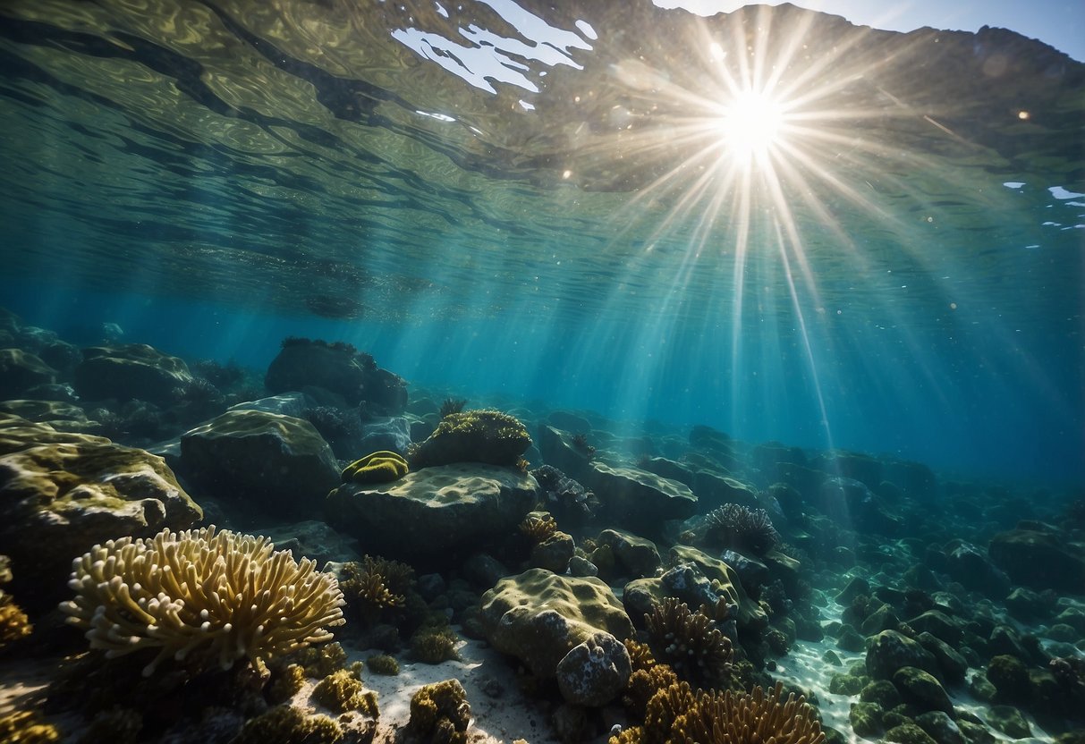 Crystal-clear waters surround rocky coves, teeming with colorful marine life. Sunlight dances on the surface, illuminating the vibrant underwater world of the Dodecanese, Greece