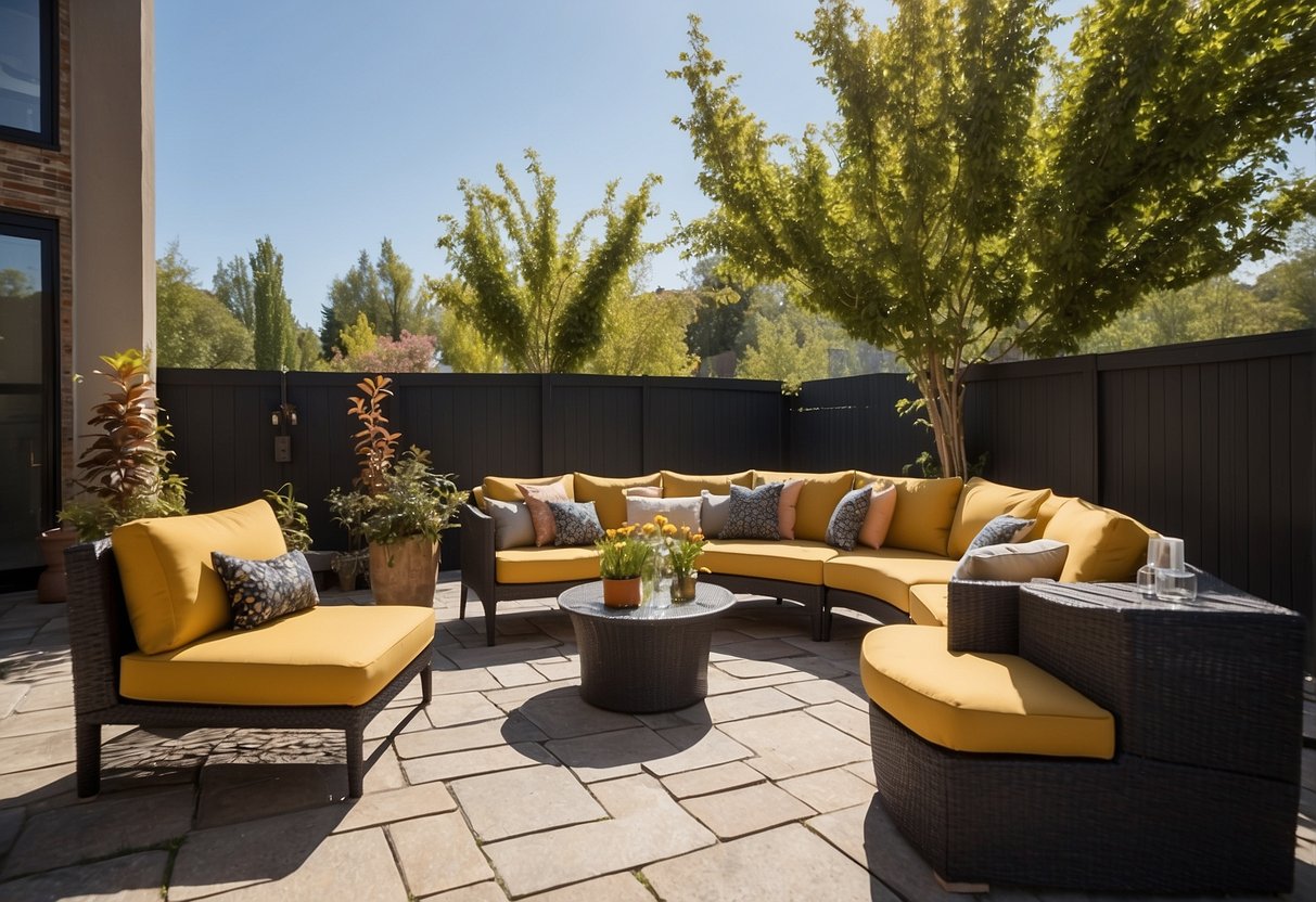 A sunny patio with a variety of outdoor furniture on clearance. Bright colors and comfortable cushions invite relaxation and outdoor enjoyment
