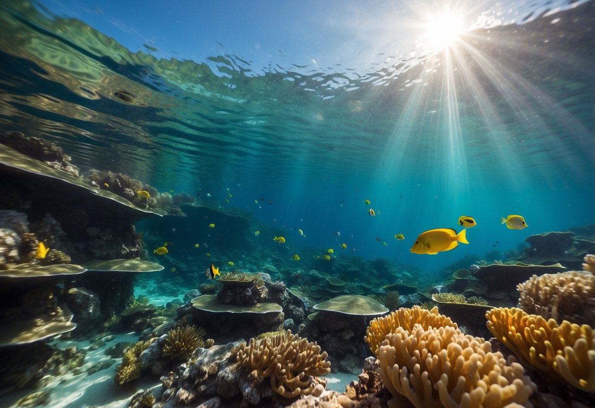 Crystal clear water, vibrant coral reefs, and colorful fish. Sunlight streaming through the water, creating a mesmerizing underwater world. A snorkeler peacefully exploring the marine life below