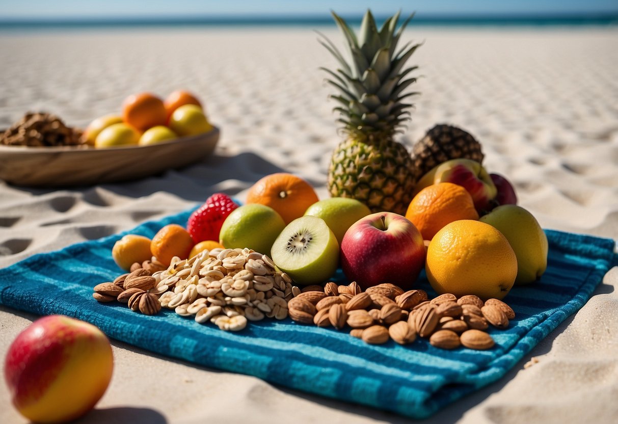 A beach towel spread out on white sand with a colorful array of fresh fruits, nuts, and granola bars laid out for a snorkeling trip