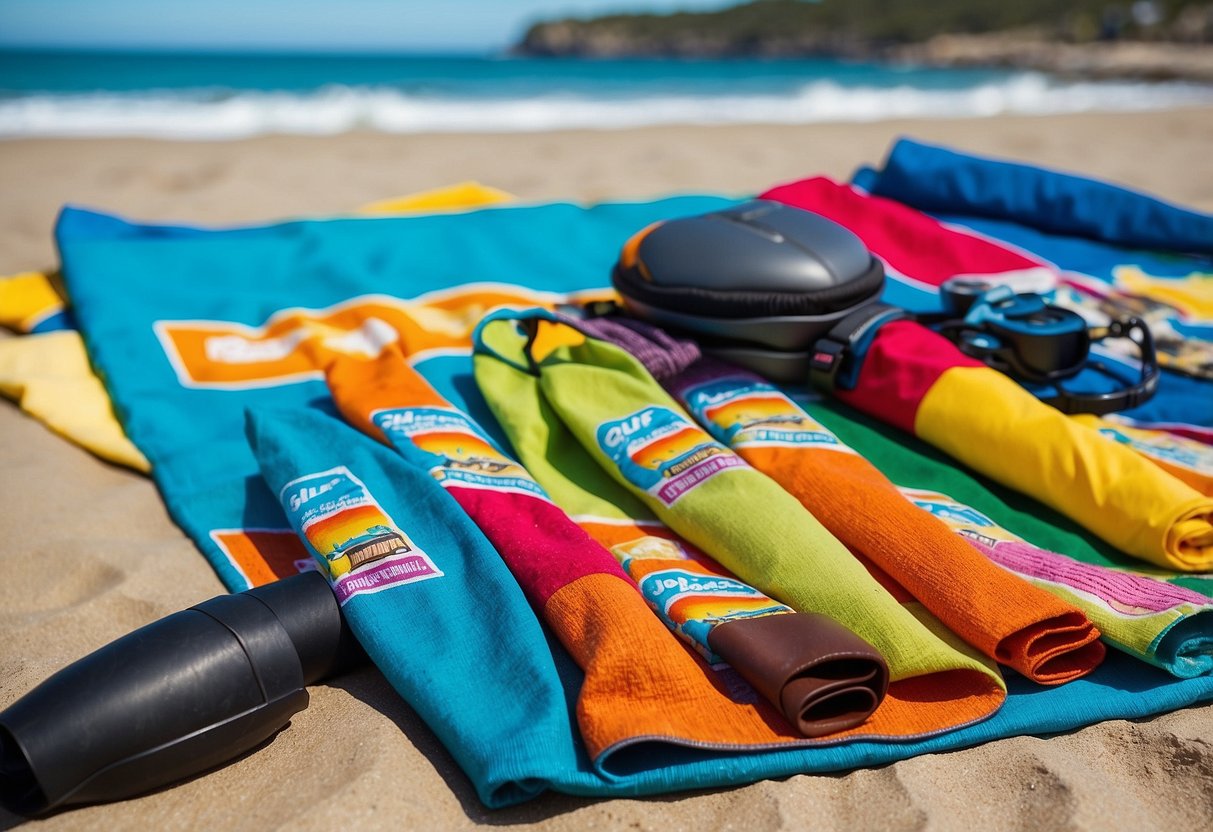 A colorful assortment of Clif Kid ZBars arranged on a beach towel, with snorkeling gear and a clear blue ocean in the background