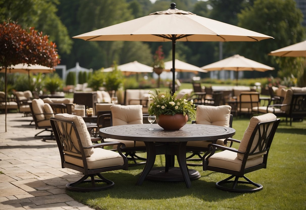 A variety of outdoor furniture items, including tables, chairs, and umbrellas, are displayed in a clearance section with prominent sale signs