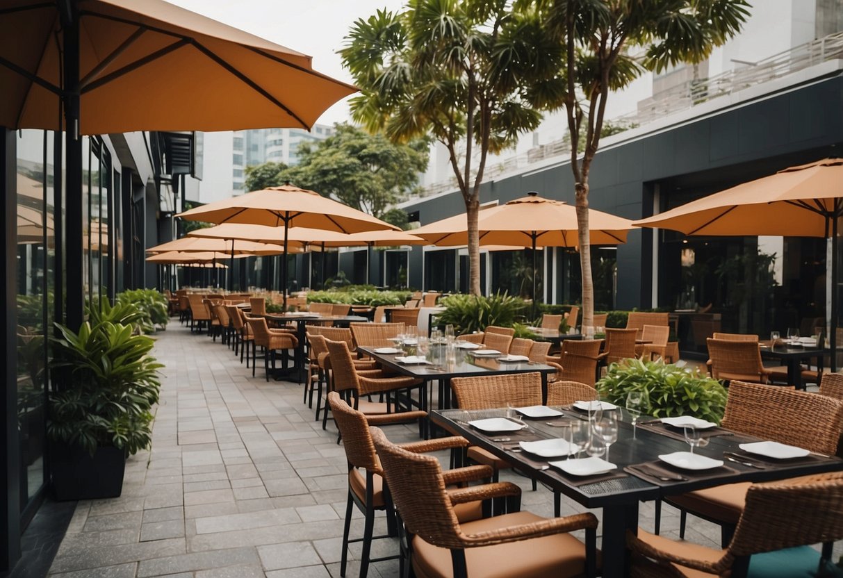 An outdoor furniture store in Singapore, with a variety of tables, chairs, and umbrellas displayed in a spacious and well-lit outdoor setting