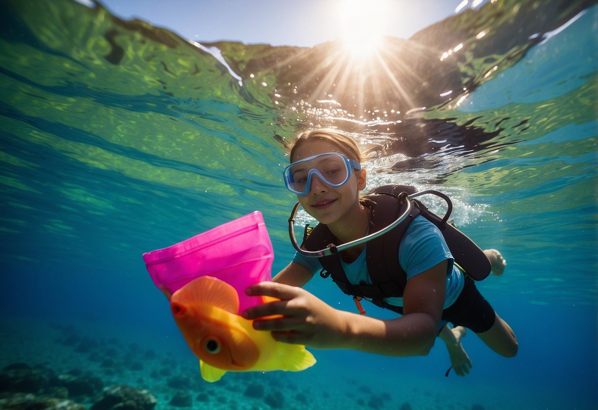 A child snorkeling in crystal-clear water, reaching into a backpack for a RXBAR Kids snack while colorful fish swim nearby