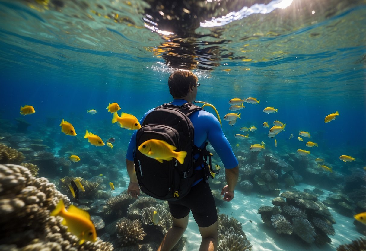 A snorkeler reaches into a backpack filled with Kind Minis snacks, surrounded by clear blue water and colorful fish