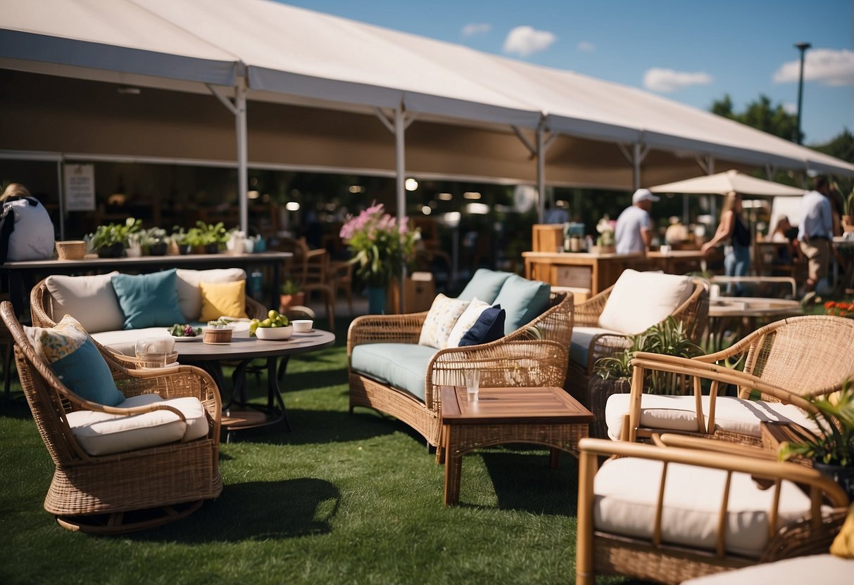 A bustling outdoor furniture clearance event with customers browsing, staff assisting, and colorful displays of discounted items
