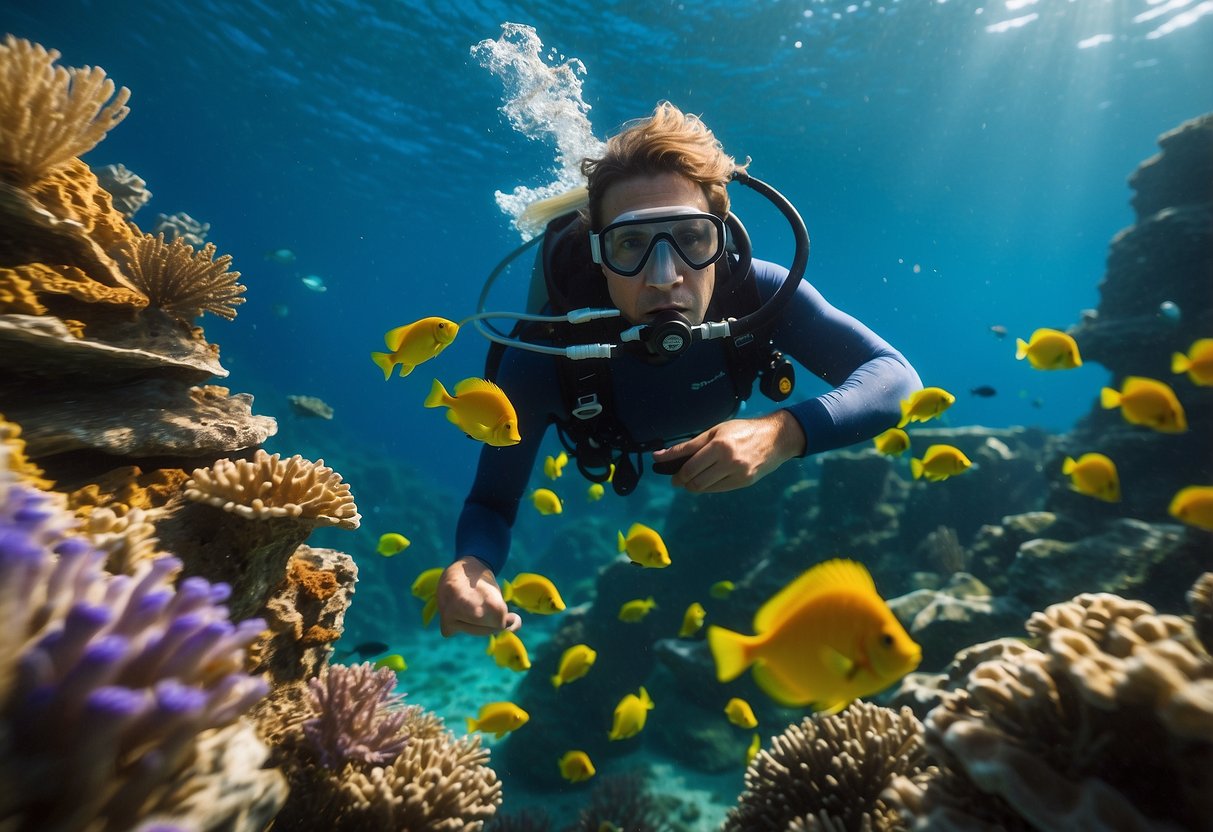 A snorkeler enjoys a peaceful underwater scene, surrounded by colorful fish and coral, snacking on Nature's Bakery Fig Bars