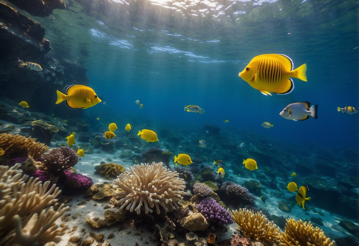 A colorful underwater scene with schools of fish swimming around a sunken venison bar. The bar is surrounded by vibrant coral and sea plants, creating a lively and dynamic environment for snorkeling