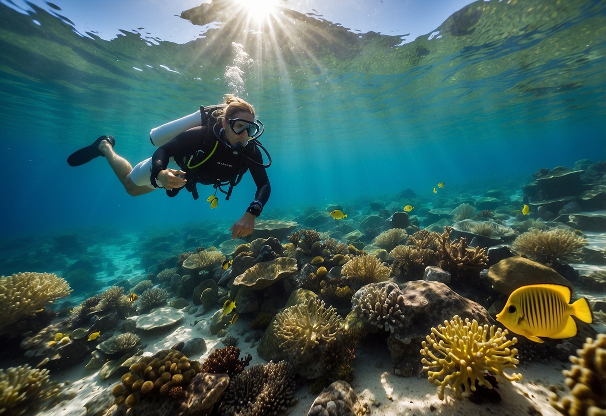 A snorkeler holds a GoMacro MacroBar while surrounded by colorful fish and coral in clear, turquoise water. Sunlight filters through the surface, creating dappled patterns on the ocean floor