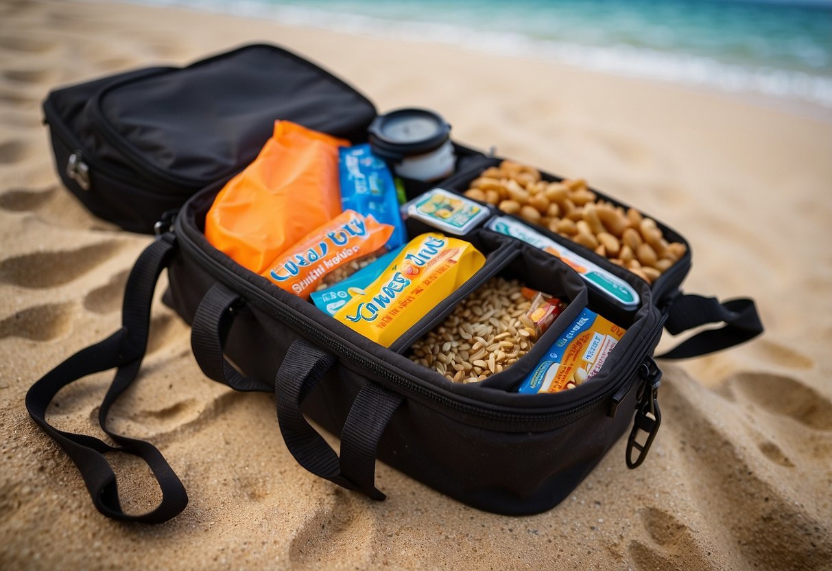 A snorkeler's bag open on a sandy beach, revealing Chomps Grass-Fed Beef Sticks and other lightweight snacks, with snorkeling gear nearby