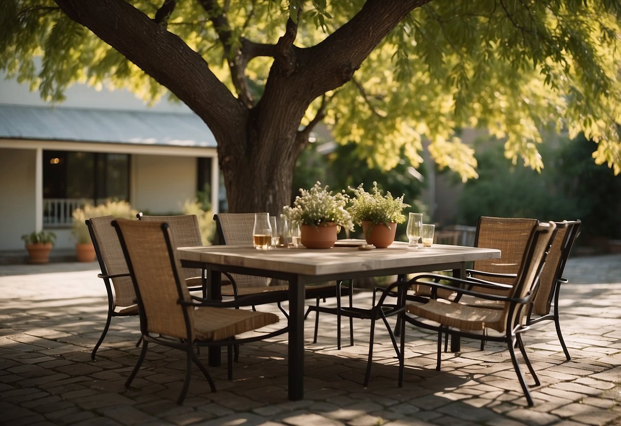 A simple patio set with a table and chairs under a shady tree