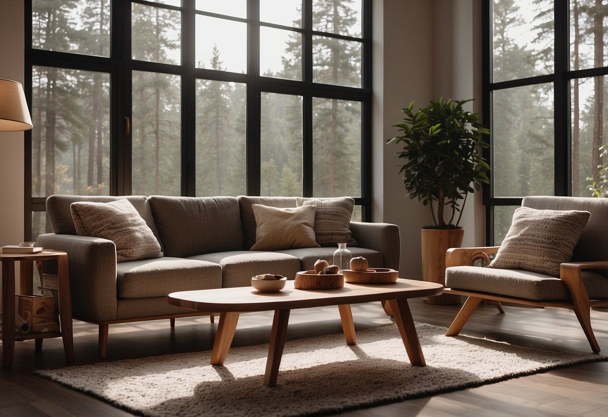 A cozy living room with pine furniture arranged in a modern, minimalist style. Sunlight streams in through the window, casting warm, inviting shadows