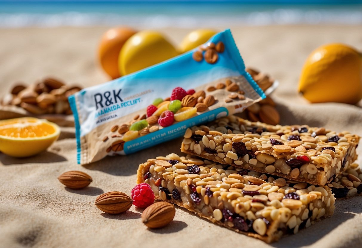 A colorful array of KIND Fruit & Nut Bars displayed on a beach towel with snorkeling gear in the background. Sunlight glistens off the packaging, highlighting the variety of flavors