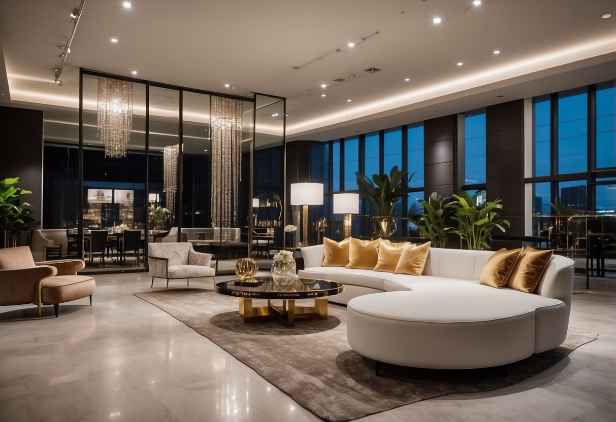 A sleek, modern showroom with designer furniture displayed in elegant vignettes. Clean lines, luxurious materials, and sophisticated lighting create an atmosphere of opulence
