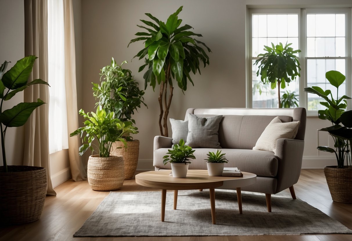 A cozy living room with a modern sofa, wooden coffee table, and a stylish armchair. A floor lamp illuminates the space, and a large potted plant adds a touch of greenery