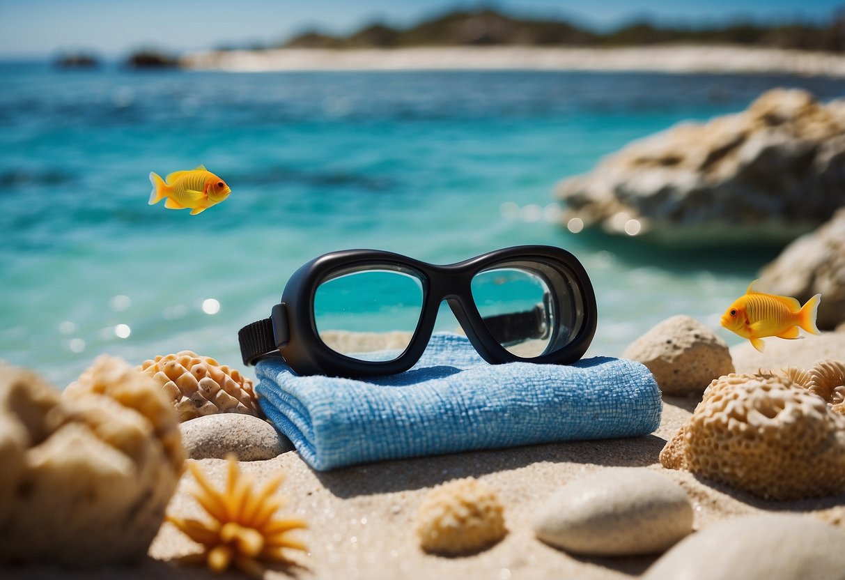 A beach scene with a snorkel, fins, and a LÄRABAR on a towel, surrounded by clear blue water and colorful fish