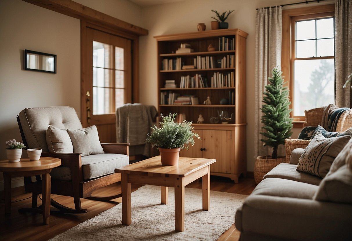 A cozy living room with pine furniture: a sturdy coffee table, a bookshelf, and a rocking chair, all showcasing the natural charm of the wood