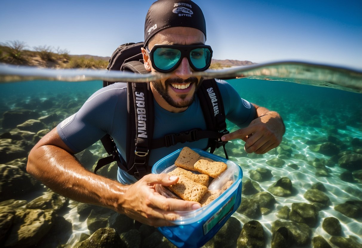 A snorkeler reaches into a backpack, pulling out a pack of Justin's Classic Almond Butter Squeeze Packs. The lightweight snacks are perfect for fueling up during underwater adventures