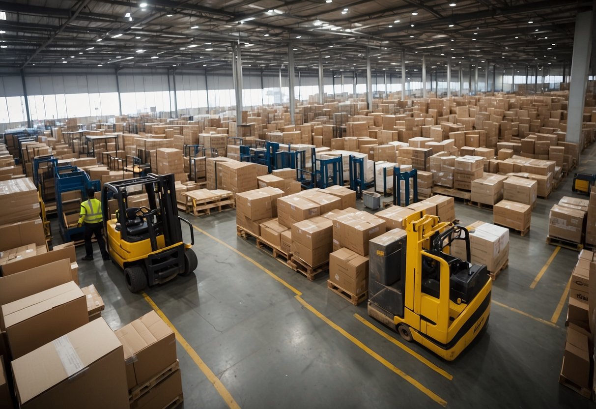 The Sentosa furniture warehouse bustles with workers loading and unloading various pieces. Pallets of chairs, tables, and sofas fill the space, while forklifts maneuver through the aisles