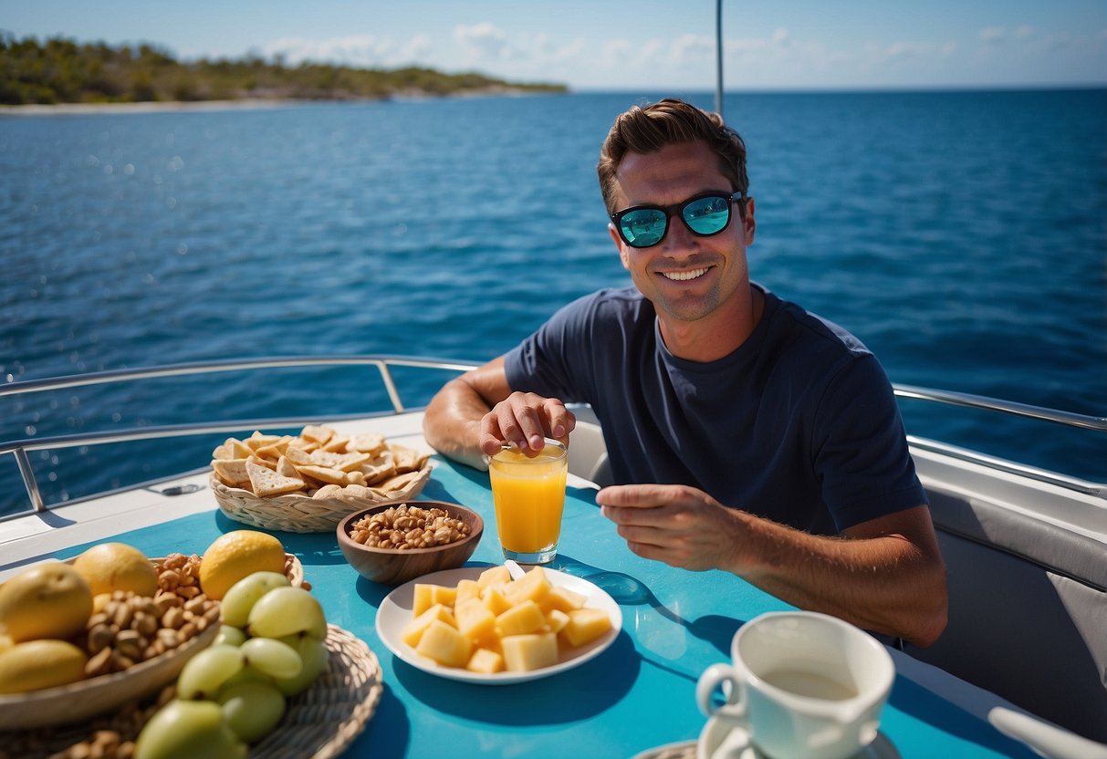 A snorkeler sits on a boat, surrounded by clear blue water. A variety of lightweight snacks are spread out on a table, including fruit, granola bars, and nuts. The sun shines down, creating a serene and inviting atmosphere